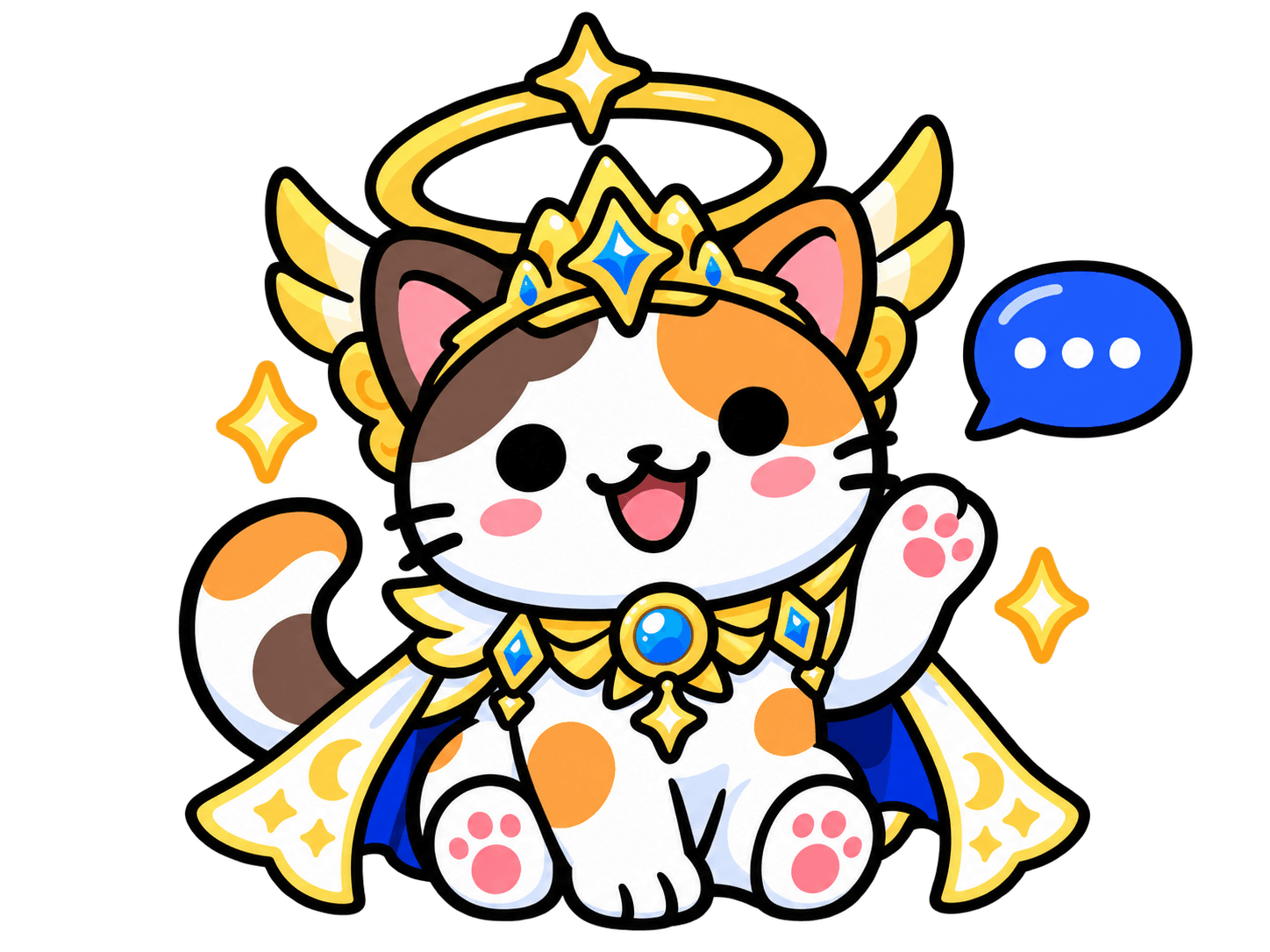 God Cat from Cat Evolution waving beside a blue chat bubble